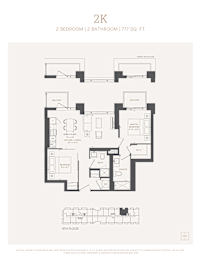A floor plan for a 2 bedroom, 2 bathroom apartment sized at 777 square feet.